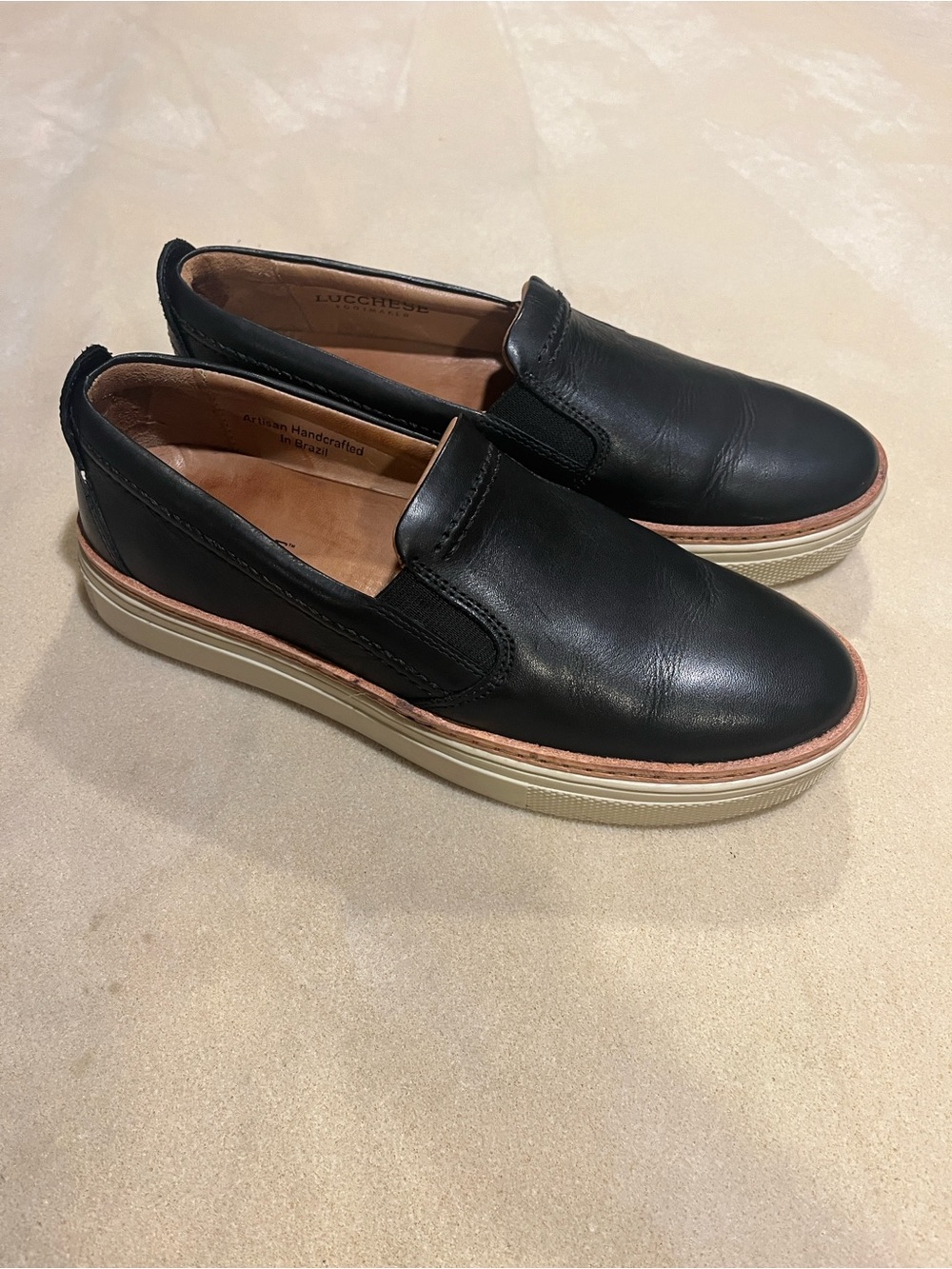 Lucchese Black Leather Slip-On Loafers with Cream Soles